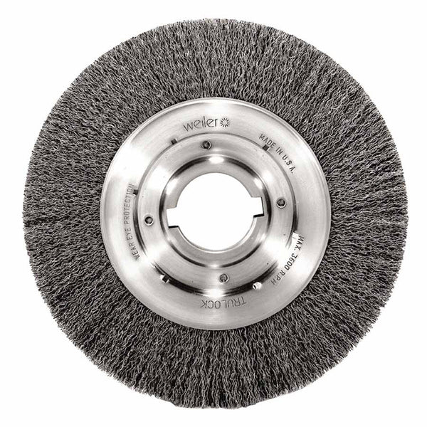 Medium-Face Crimped Wire Wheel, 10 in dia x 1-1/8 in W Face, 0.0118 in Stainless Steel Wire, 3600 RPM 804-06530