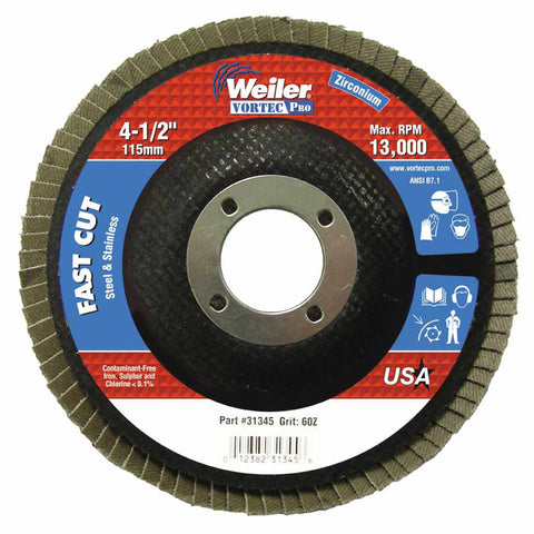 Vortec Pro Abrasive Flap Disc, 4-1/2 in dia, 60 Grit, 7/8 Arbor, 13000 rpm, Type 29 804-31345